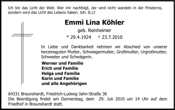 Traueranzeige von Emmi Lina Köhler von Echo-Zeitungen (Gesamtausgabe)