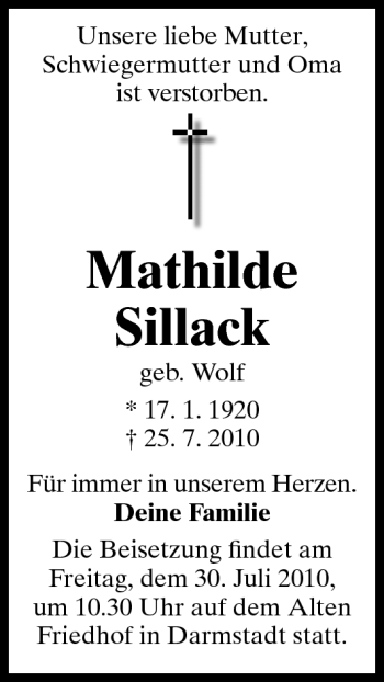 Traueranzeige von Mathilde Sillack von Echo-Zeitungen (Gesamtausgabe)