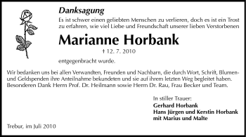 Traueranzeige von Marianne Horbank von Rüsselsheimer Echo, Groß-Gerauer-Echo, Ried Echo