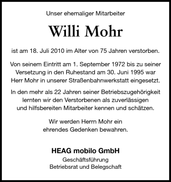 Traueranzeige von Willi Mohr von Echo-Zeitungen (Gesamtausgabe)
