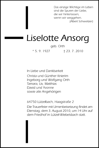 Traueranzeige von Liselotte Ansorg von Odenwälder Echo