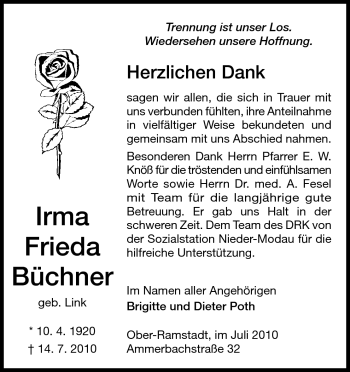 Traueranzeige von Irma Frieda Büchner von Darmstädter Echo, Odenwälder Echo, Rüsselsheimer Echo, Groß-Gerauer-Echo, Ried Echo