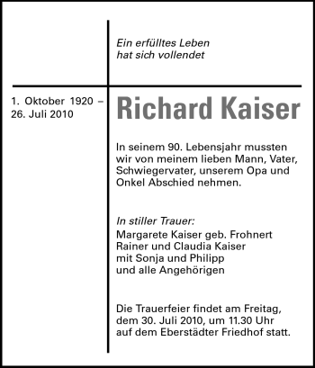 Traueranzeige von Richard Kaiser von Echo-Zeitungen (Gesamtausgabe)