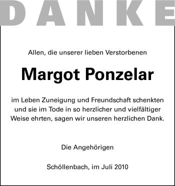 Traueranzeige von Margot Ponzelar von Odenwälder Echo
