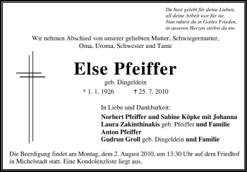 Traueranzeige von Else Pfeiffer von Odenwälder Echo