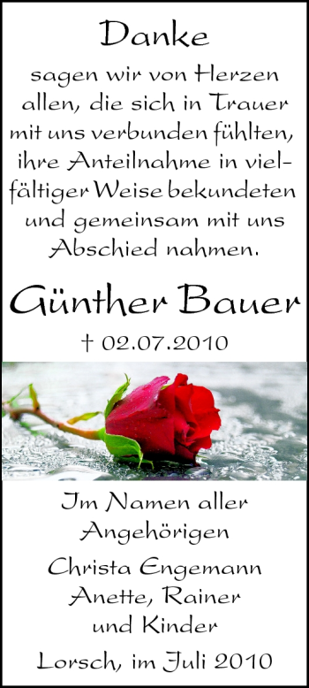Traueranzeige von Günther Bauer von Starkenburger Echo