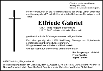 Traueranzeige von Elfriede Gabriel von Echo-Zeitungen (Gesamtausgabe)