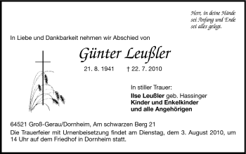 Traueranzeige von Günter Leußler von Rüsselsheimer Echo, Groß-Gerauer-Echo, Ried Echo