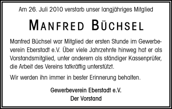 Traueranzeige von Manfred Büchsel von Darmstädter Echo, Odenwälder Echo, Rüsselsheimer Echo, Groß-Gerauer-Echo, Ried Echo