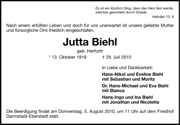 Traueranzeige von Jutta Biehl von Echo-Zeitungen (Gesamtausgabe)