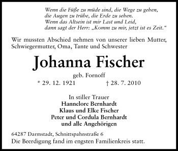 Traueranzeige von Johanna Fischer von Darmstädter Echo, Odenwälder Echo, Rüsselsheimer Echo, Groß-Gerauer-Echo, Ried Echo