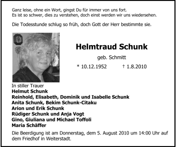 Traueranzeige von Helmtraud Schunk von Echo-Zeitungen (Gesamtausgabe)