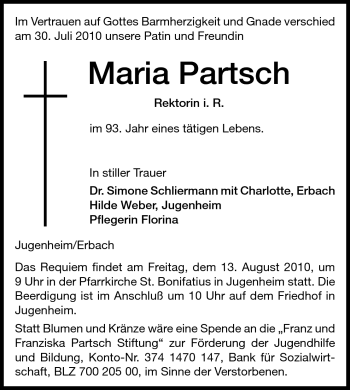 Traueranzeige von Maria Partsch von Echo-Zeitungen (Gesamtausgabe)