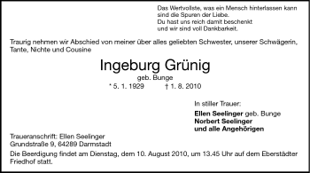 Traueranzeige von Ingeburg Grünig von Echo-Zeitungen (Gesamtausgabe)