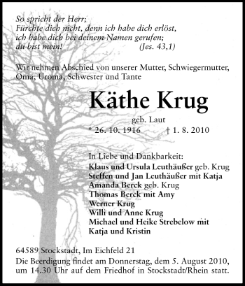 Traueranzeige von Käthe Krug von Darmstädter Echo, Odenwälder Echo, Rüsselsheimer Echo, Groß-Gerauer-Echo, Ried Echo