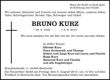 Traueranzeige von Bruno Kurz von Echo-Zeitungen (Gesamtausgabe)