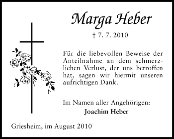 Traueranzeige von Marga Heber von Darmstädter Echo, Odenwälder Echo, Rüsselsheimer Echo, Groß-Gerauer-Echo, Ried Echo