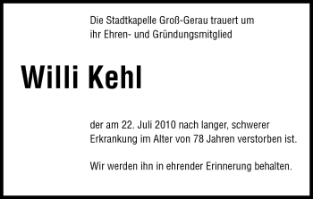 Traueranzeige von Willi Kehl von Rüsselsheimer Echo, Groß-Gerauer-Echo, Ried Echo