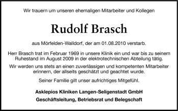 Traueranzeige von Rudolf Brasch von Rüsselsheimer Echo, Groß-Gerauer-Echo, Ried Echo