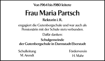Traueranzeige von Maria Partsch von Echo-Zeitungen (Gesamtausgabe)