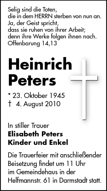 Traueranzeige von Heinrich Peters von Echo-Zeitungen (Gesamtausgabe)