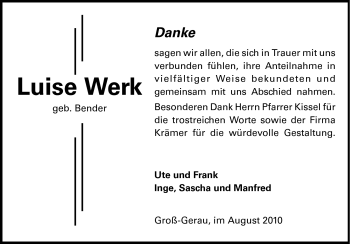 Traueranzeige von Luise Werk von Rüsselsheimer Echo, Groß-Gerauer-Echo, Ried Echo