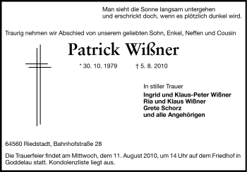 Traueranzeige von Patrick Wißner von Darmstädter Echo, Odenwälder Echo, Rüsselsheimer Echo, Groß-Gerauer-Echo, Ried Echo