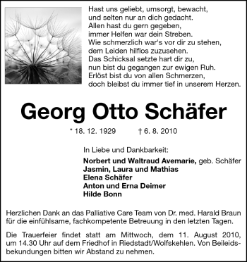 Traueranzeige von Georg Otto Schäfer von Rüsselsheimer Echo, Groß-Gerauer-Echo, Ried Echo