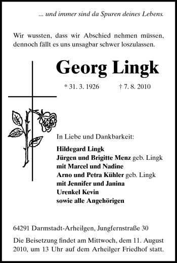 Traueranzeige von Georg Lingk von Echo-Zeitungen (Gesamtausgabe)