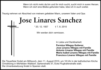 Traueranzeige von Jose Linares Sanchez von Rüsselsheimer Echo, Groß-Gerauer-Echo, Ried Echo