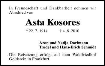 Traueranzeige von Asta Kosores von Darmstädter Echo, Odenwälder Echo, Rüsselsheimer Echo, Groß-Gerauer-Echo, Ried Echo