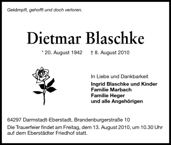 Traueranzeige von Dietmar Blaschke von Echo-Zeitungen (Gesamtausgabe)