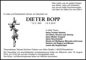 Traueranzeige von Dieter Bopp von Rüsselsheimer Echo, Groß-Gerauer-Echo, Ried Echo