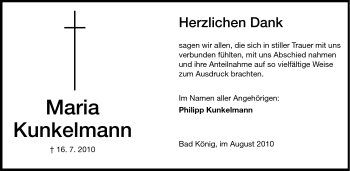 Traueranzeige von Maria Kunkelmann von Odenwälder Echo
