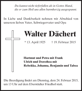 Traueranzeige von Walter Dächert von Echo-Zeitungen (Gesamtausgabe)