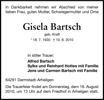 Traueranzeige von Gisela Bartsch von Darmstädter Echo, Odenwälder Echo, Rüsselsheimer Echo, Groß-Gerauer-Echo, Ried Echo