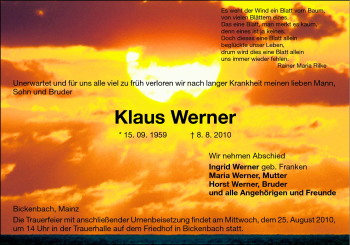 Traueranzeige von Klaus Werner von Echo-Zeitungen (Gesamtausgabe)