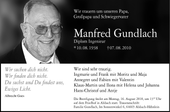 Traueranzeige von Manfred Gundlach von Echo-Zeitungen (Gesamtausgabe)