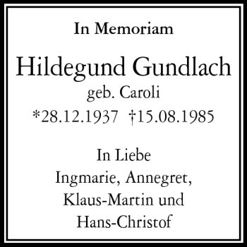 Traueranzeige von Hildegard Gundlach von Echo-Zeitungen (Gesamtausgabe)