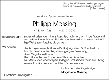 Traueranzeige von Philipp Massing von Echo-Zeitungen (Gesamtausgabe)
