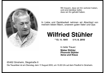 Traueranzeige von Wilfried Stühler von Rüsselsheimer Echo, Groß-Gerauer-Echo, Ried Echo