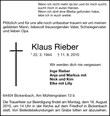 Traueranzeige von Klaus Rieber von Echo-Zeitungen (Gesamtausgabe)