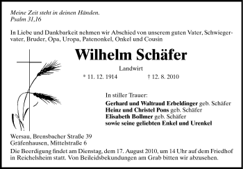 Traueranzeige von Wilhelm Schäfer von Echo-Zeitungen (Gesamtausgabe)
