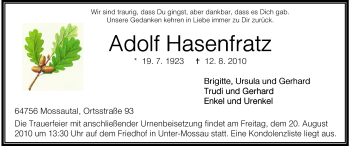 Traueranzeige von Adolf Hasenfratz von Odenwälder Echo