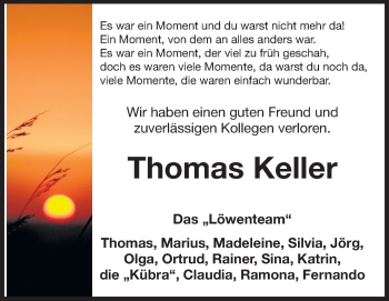 Traueranzeige von Thomas Keller von Odenwälder Echo
