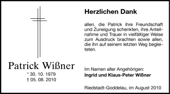 Traueranzeige von Patrick Wißner von Darmstädter Echo, Odenwälder Echo, Rüsselsheimer Echo, Groß-Gerauer-Echo, Ried Echo