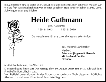 Traueranzeige von Heide Guthmann von Rüsselsheimer Echo, Groß-Gerauer-Echo, Ried Echo