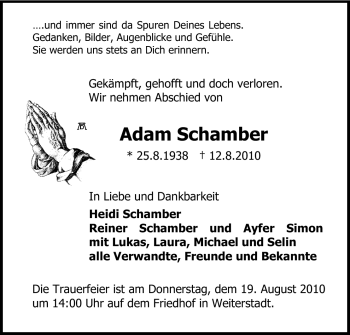 Traueranzeige von Adam Schamber von Echo-Zeitungen (Gesamtausgabe)