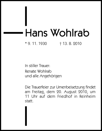 Traueranzeige von Hans Wohlrab von Darmstädter Echo, Odenwälder Echo, Rüsselsheimer Echo, Groß-Gerauer-Echo, Ried Echo