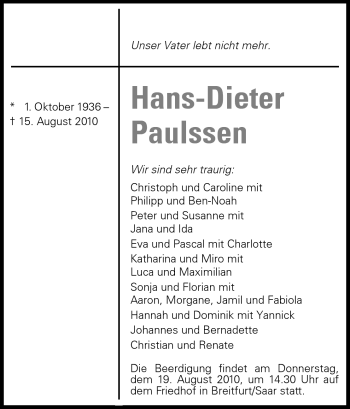 Traueranzeige von Hans-Dieter Paulssen von Darmstädter Echo, Odenwälder Echo, Rüsselsheimer Echo, Groß-Gerauer-Echo, Ried Echo